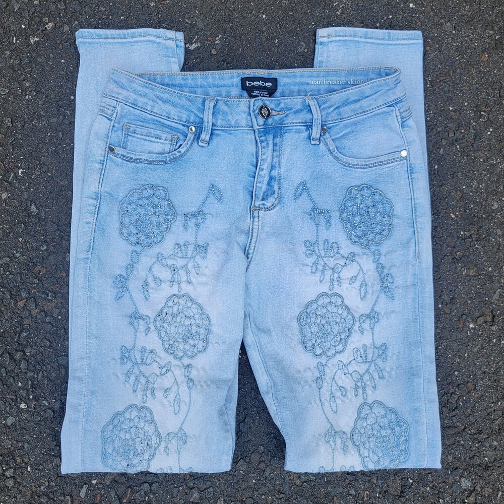 BEBE HEARTBREAKER Rhinestones Front Beaded Floral Skinny Stretch Jeans Size 27